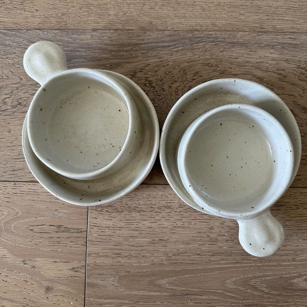 2 Robert Weiss Speckled Cream-Colored, Handled Soup & Cracker Bowls MCM 1977